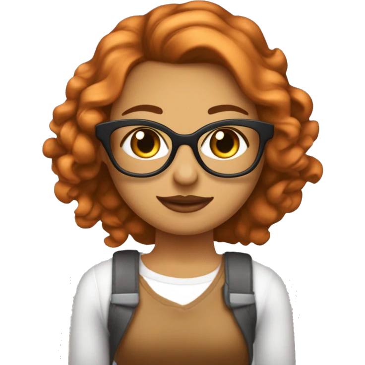 Profesora de artes de piel clara con el pelo largo rubio anaranjado con los ojos marrones y gafas redondas una camiseta blanca y tejanos y lleva pinceles y colores emoji