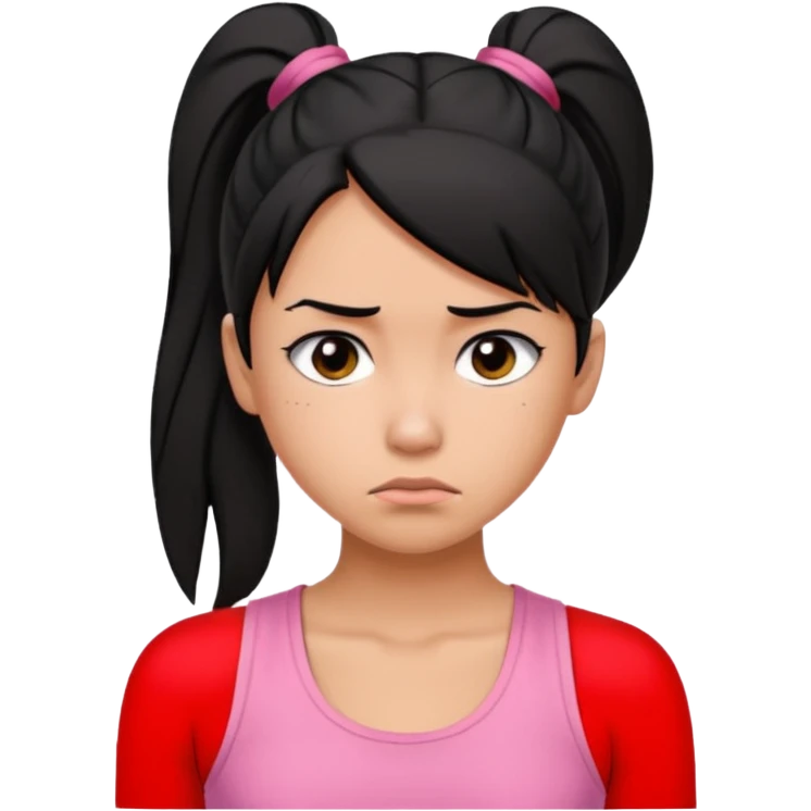 A tan girl with black hair in a ponytail. Wearing a pink tank top. Looking sad emoji