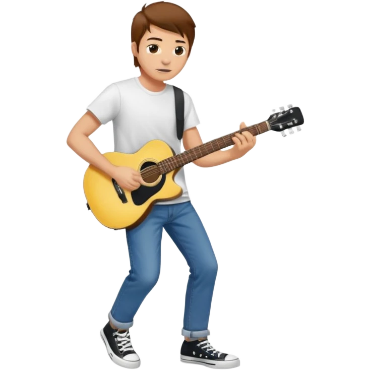 yellow skin Guy with brown hair, white tee, blue jeans and black converse playing a guitar emoji