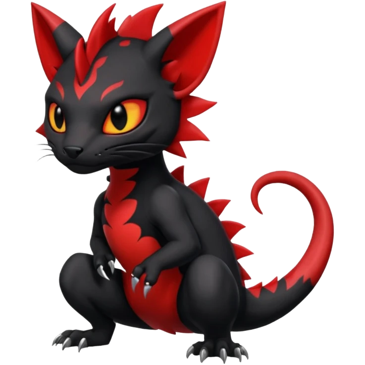 Cherry-Red and Jet-Black Fierce Fiery Mohawked Gothic Salandit-Litten-Torracat-hybrid-creature (full body) emoji