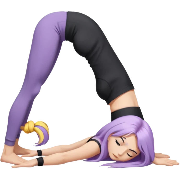 Девушка белокожая в позе собака мордой вниз, с длинными светло-лиловыми волосами, в черном топе, в серых спортивных штанах, с черными ресницами emoji