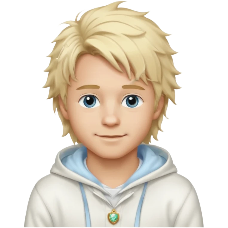 Create a look for a blond boy with long, tousled hair, light eyes, a white sweater, a wealthy appearance, blue eyes, and accessories like a Rolex or Cartier watch, and a cute face with messy hair down. blue eyes + + pajama white fluffy + hood fluffy emoji