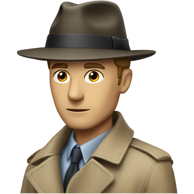 White guy in a trenchcoat wearing a fedora investigating emoji