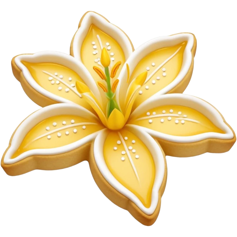 Realistic shortbread cookie in the shape of a lily flower with pastel yellow color jelly middle filling and sprinkled powder sugar on top. emoji