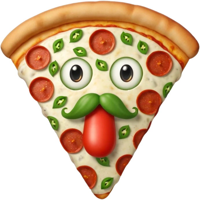 a  whole pizza with pepperonis from eyes and mushroom from the nose and green bell pepper from the mouth and mustache emoji