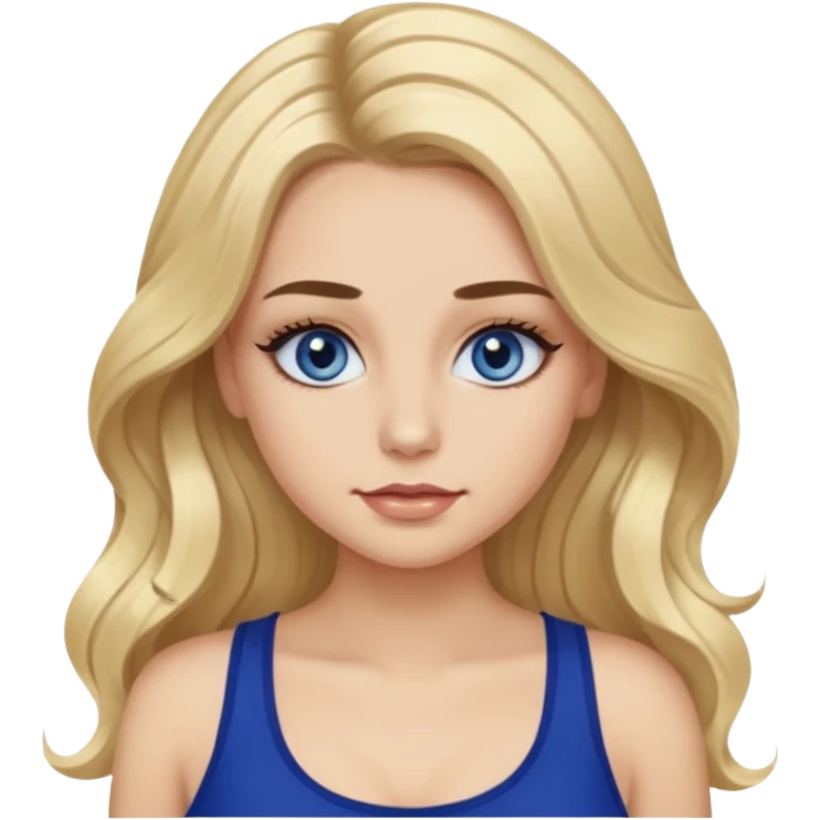 girl with blue eyes with false eyelashes and long wavy blonde hair with dark thick eyebrows and makeup with a dark blue cami top emoji