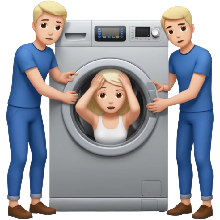 Eine Frau mit dem Kopf  in der Waschmaschine feststeckt und zwei Männer ziehen an ihren Beinen um ihr zu helfen  emoji