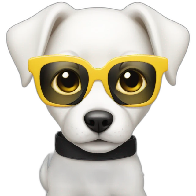 completely white puppy in yellow square glasses with a black dress emoji