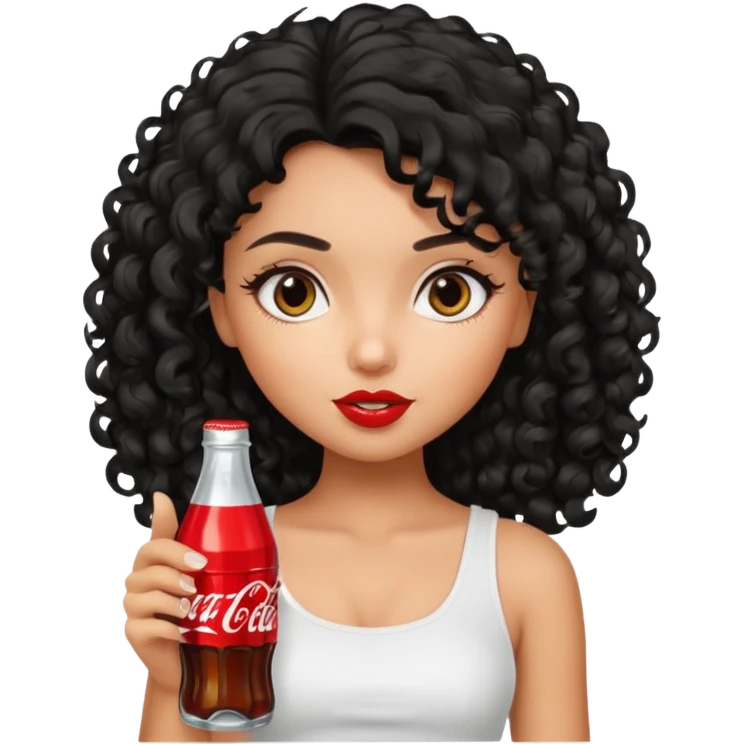 a pretty tan bratz girl with black curly hair drinking coca cola. no makeup. white top emoji