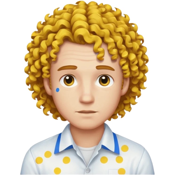 Make me an emoji that has a guy with a white shirt and yellow tape around the shirt with brown and blue spots hair make the hair curly emoji