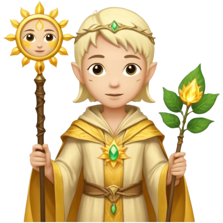 {
      "type": "human",
      "look": "light elf healer, golden robe, staff with leaf and sun motif",
      "description": "a light elf healer wearing a golden robe and holding a staff with leaf and sun symbols"
    } emoji