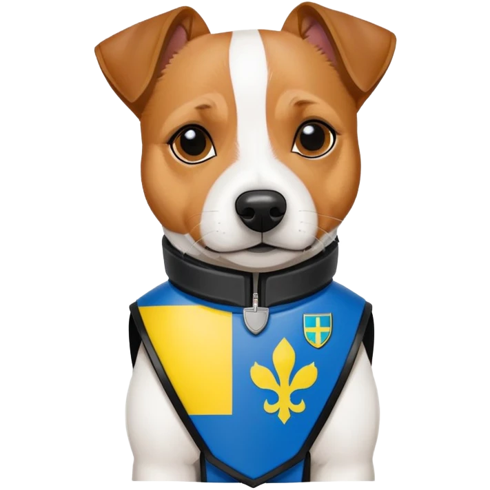 jack russell terrier in a bulletproof vest with ukrainian flag patch and name "PATRON". It should be enought serious and epic, to be a hero of ukrainian nation emoji