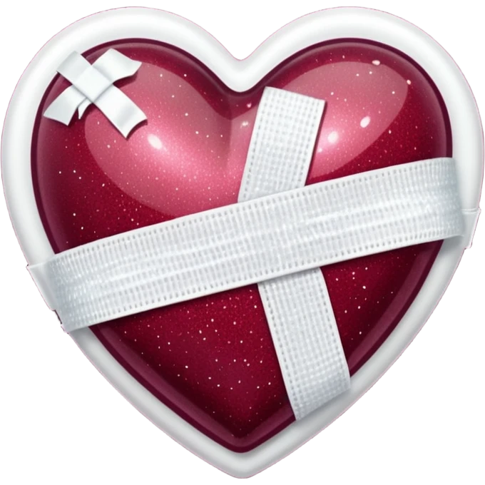 Burgundy sparkly glittery heart, glassy finish, with one white bandage wrapped around it, high resolution emoji