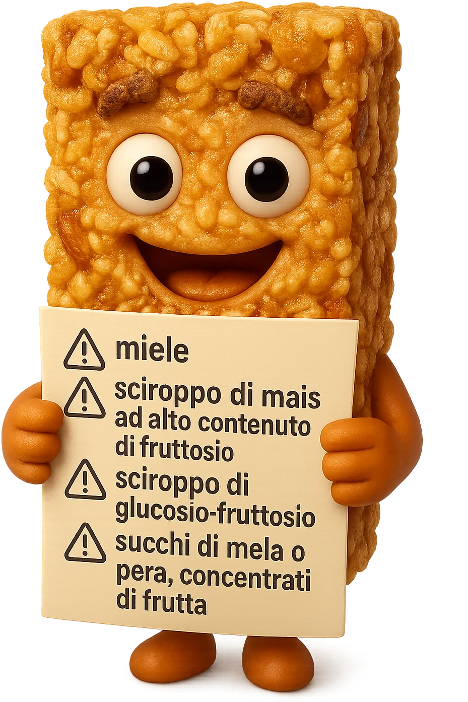 SU QUESTO STILE FAI UN EMOJI STILE IPHONE 3D DI UNa barretta ai cereali con ETICHETTA CON GLI INGREDIENTI SCRITTI, "miele, sciroppo di mais ad alto contenuto di fruttosio, sciroppo di glucosio-fruttosio, succhi di mela o pera,
concentrati di frutta" accanto ad ogni nome scritto mettici un segnale di allarme, FALLO MOLTO REALISTICO IN 3D emoji
