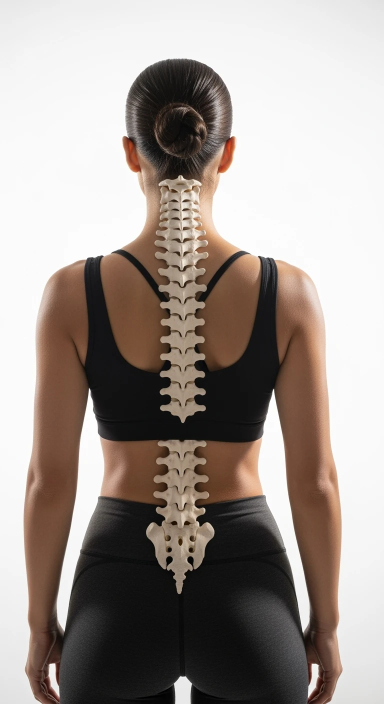 donna fitness di spalle con spina dorsale anatomica realistica in evidenza, sfondo bianco emoji