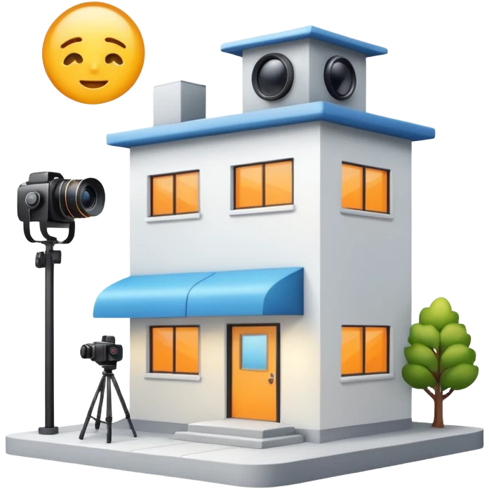 modern studio building with camera and lights, clean and inviting, studio rental emoji