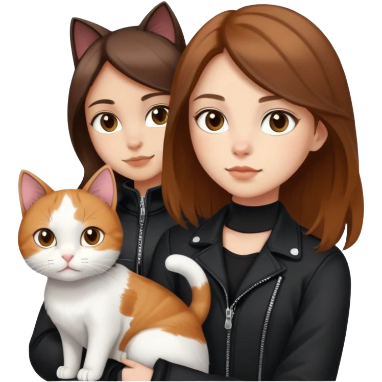 Light-skinned girl with brown hair wearing black jacket with white cat and calico cat emoji