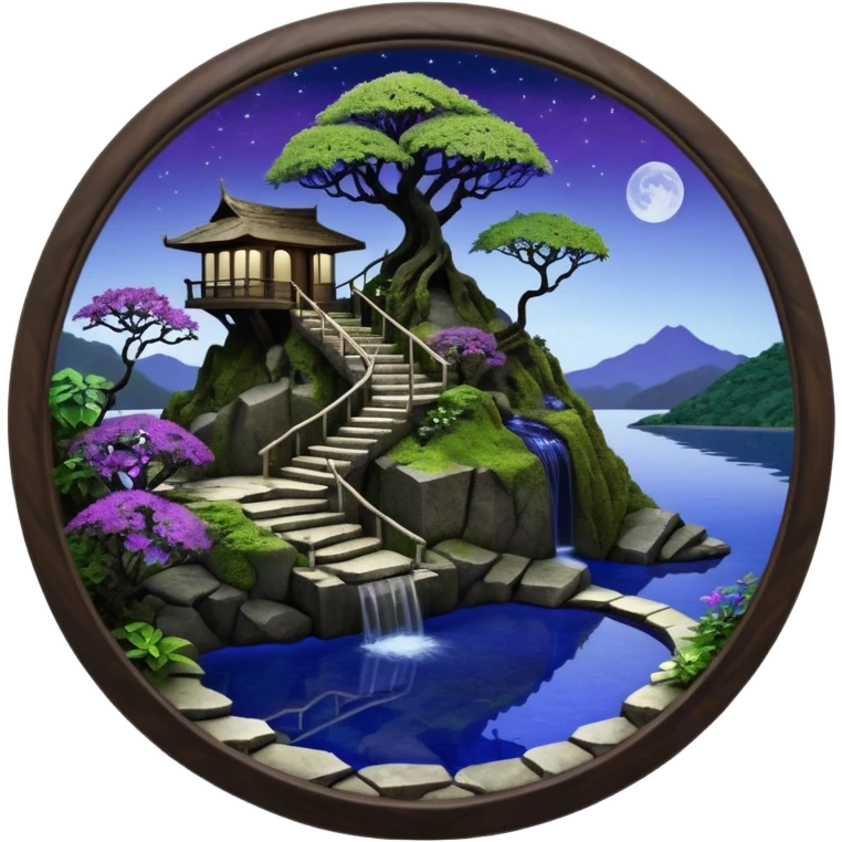 Alien saucer poolhouse jungle winding narrow stairway fountain lakeside mountainside -island getaway nighttime landscape antique mudman very old broken cracked intricate Stone Age lapis-crusted irregular dodecagon-shaped shallow dark moss rough bark violet serissa flowered maple tree bonsai emoji