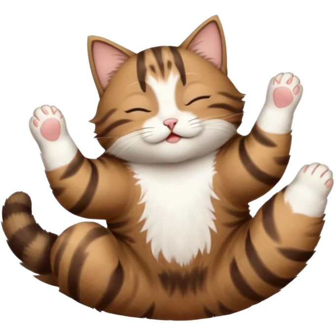 dark brown tabby and white small cat in funny positions upside down with eyes closed emoji