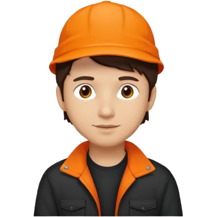 Kindly Keyin (male) with light skin, dark brown hair, orange cap and shirt, black jacket emoji