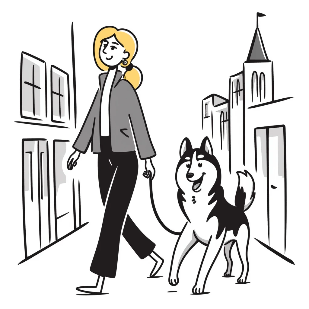 Blonde woman walking a happy Siberian husky in New York City on an upper east side city sidewalk  emoji