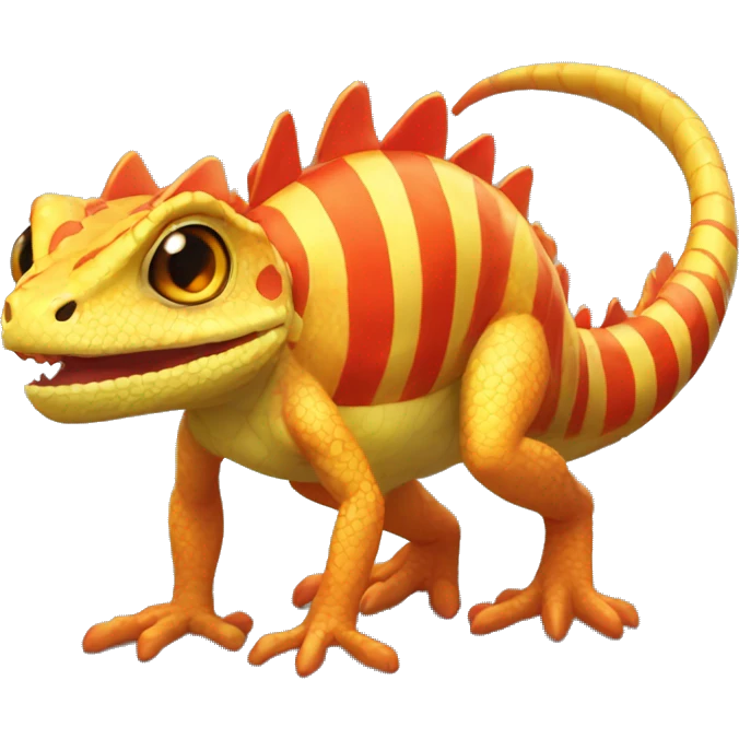A Yellow Shiny Anthro-Scalie-Lizard-Reptile-Salamandrian-Fakémon with red stripes and orange frills Full Body emoji