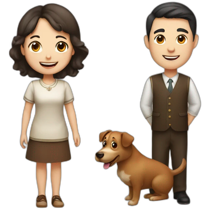 Jewish man and Chinese girl with brown dog smiling emoji