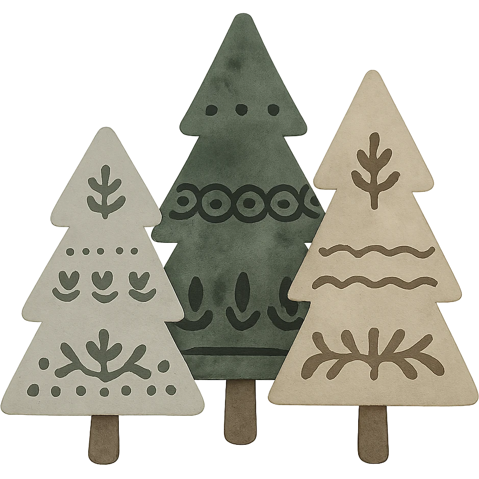 illustration of evergreen trees blending Scandinavian and Slavic folk motifs, dark neutral forest color tones, watercolor texture with outlines, transparent background, suitable for favicon emoji