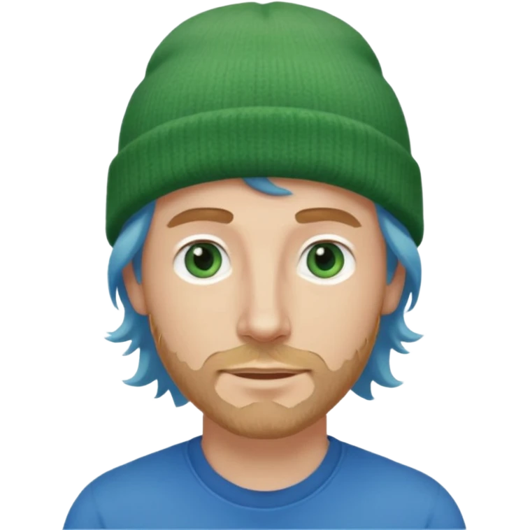white man, mid thirties, blue eyes, mid length wavy hair, green beanie hat, stubble, face only emoji