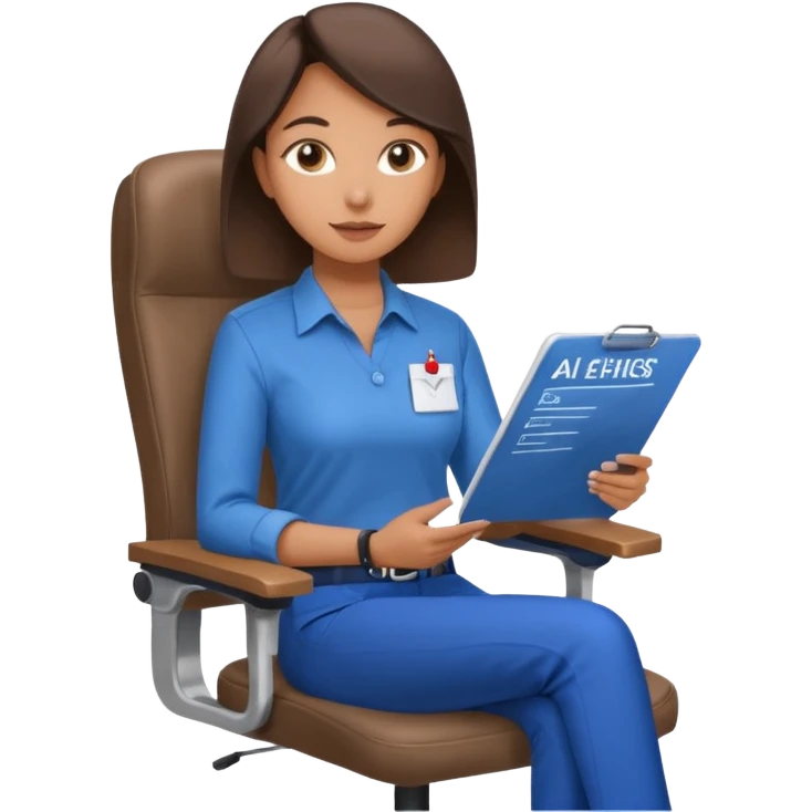 Generate an emoji of a female AI ethicist in blue shirt brown pant sitting in a chair and has a checklist stating AI ethics elements like stop bias, fairness score emoji