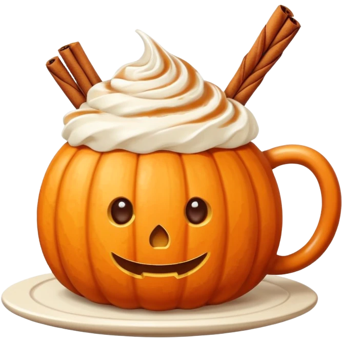 Round pumpkin-shaped mug with whipped cream swirl and cinnamon stick, warm orange and cream tones. emoji