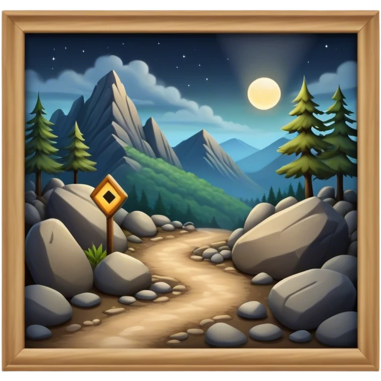 mountain 2 crossroads trails with rocks  two trails—one illuminated,, and one shrouded in darkness, representing reaction.  emoji