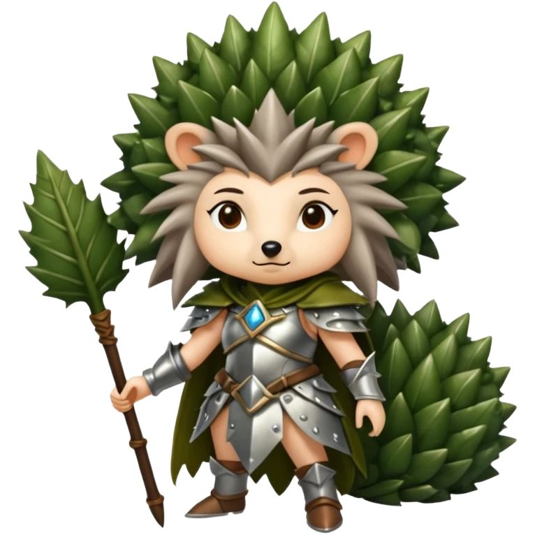 moss witch woman dressed as hedgehog guardian, thorny leaf armor emoji