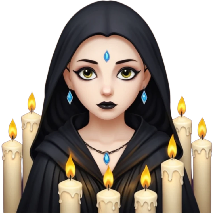 Pale sorceress lit by dozens of candles, wet skin glow, slow seductive gaze, dark fantasy cinema emoji