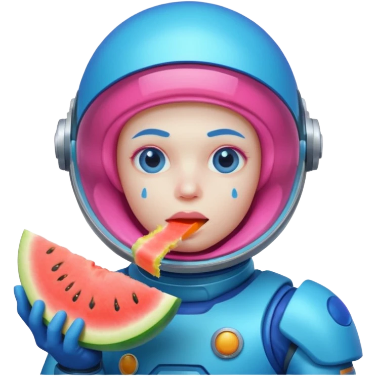 Neon pink and blue spaceman eating melon looking suspicious emoji