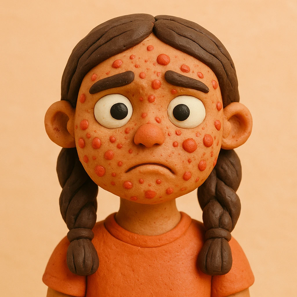 claymation style chica con acné en el rostro, fondo pastel emoji