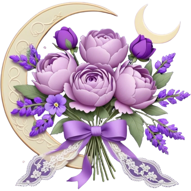 A vintage bouquet of lavender-hued peonies, deep violet roses, and soft lilac pansies, tied together with a silk ribbon in shades of plum and amethyst, rests beneath the glow of a crescent moon. Scattered around are tiny embroidered hearts on a delicate lace handkerchief, while the scent of dried lavender lingers in the cool evening air. emoji