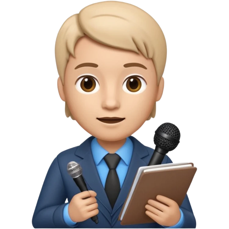 Apple Memoji-style 3D emoji of a journalist holding a microphone and notepad, smooth gradients, rounded shapes, no background. emoji