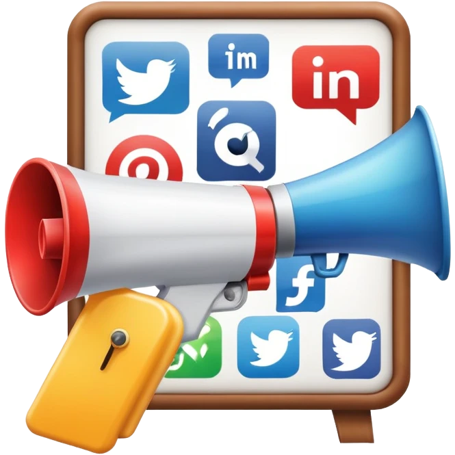 An icon featuring a megaphone, a billboard, and social media icons, symbolizing advertising and public relations. The design includes a press release and a rising graph, representing brand promotion and communication strategies. Transparent background highlights media influence and outreach. emoji