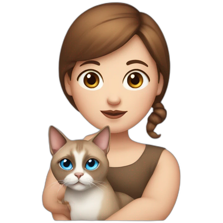 Blue-eyed fat girl with brown hair with siamese cat and miniature pincher emoji