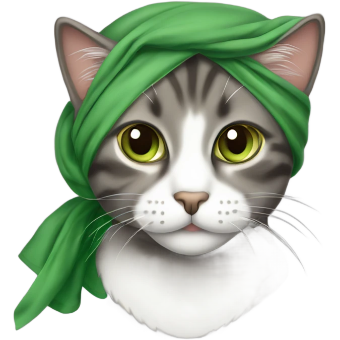 Dark grey brown tabby cat with green eyes wearing a head scarf emoji