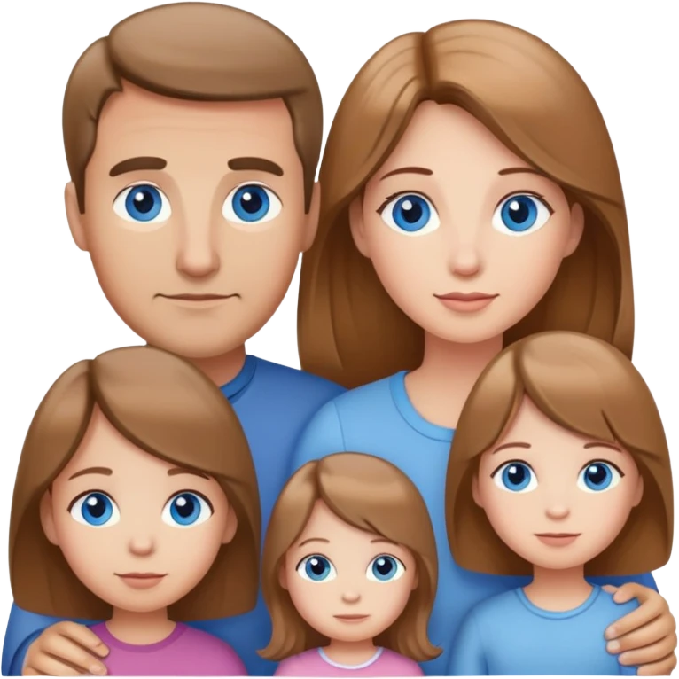 Family with mother, father and three little girls, everyone has light brown hair and blue eyes emoji