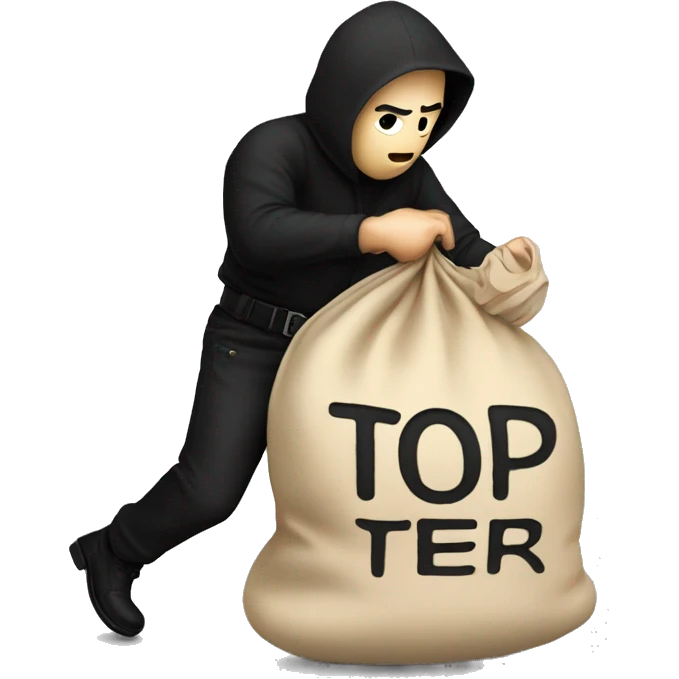 Thief wearing all black clothes actively stealing a beige money bag with the words Top Tier embroidered on it emoji