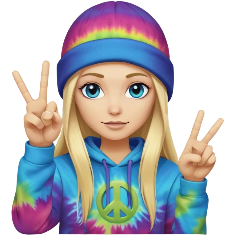 White woman with long blonde straight hair and blue eyes with long eyelashes and tiedye hoodie. i would like for her to be doing a peace sign with one hand and a thumbs up with the other hand. i want her to be wearing a black beanie with an alien face on it emoji