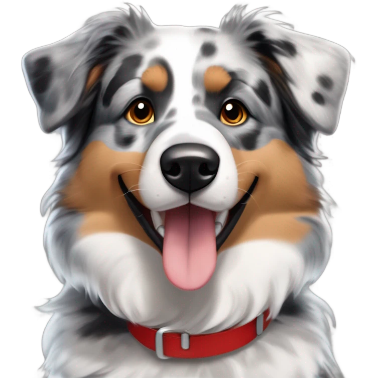 Blue merle Australian Shepherd with a mix of gray, black, and tan fur, tan eyebrows and cheeks, bright brown eyes, fluffy ears tipped in black, a big open smile, and a red collar with tags. Focus on tan accents and minimal white fur. emoji