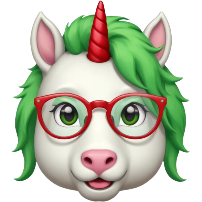 white furred unicorn with green hair and big red earrings looking into camera and spectacle and biiiggg earrings emoji