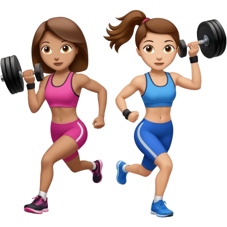 two women. the left one is running. the right one is lifting weights. they have brown hair, light skin, hazel eyes. emoji