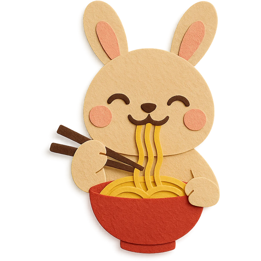 beige bunny happily slurping noodles, using correct chopstick appearance, paper-craft style emoji