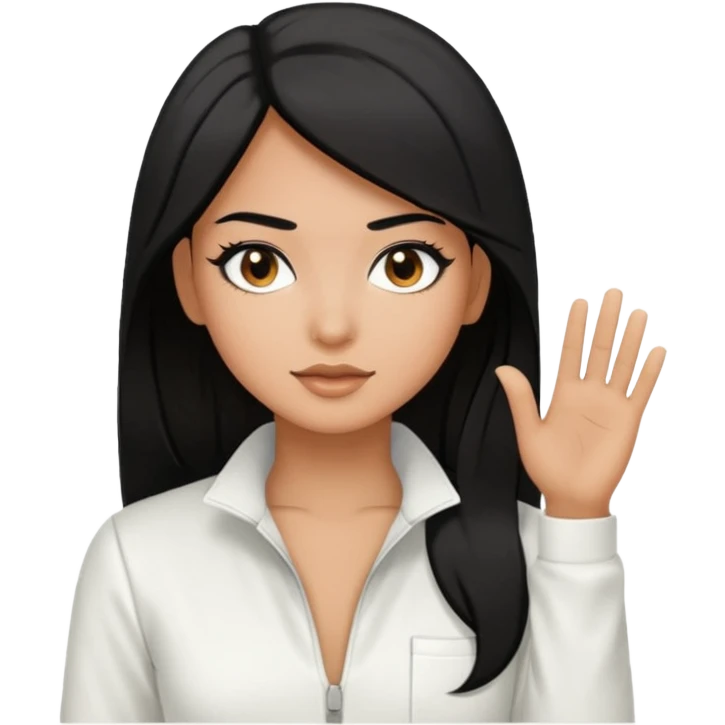 Tan medium length black hair black eyes light makeup white jumpsuit emoji