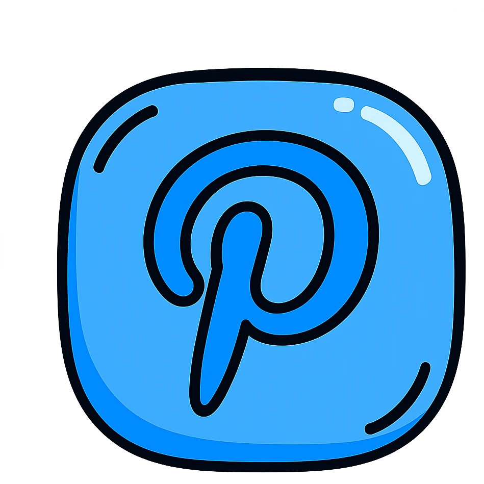 rounded inflated Pinterest 'P' logo, blue color, clear black outlines, dimensional shadows, glossy highlights, no background, playful outlined style emoji